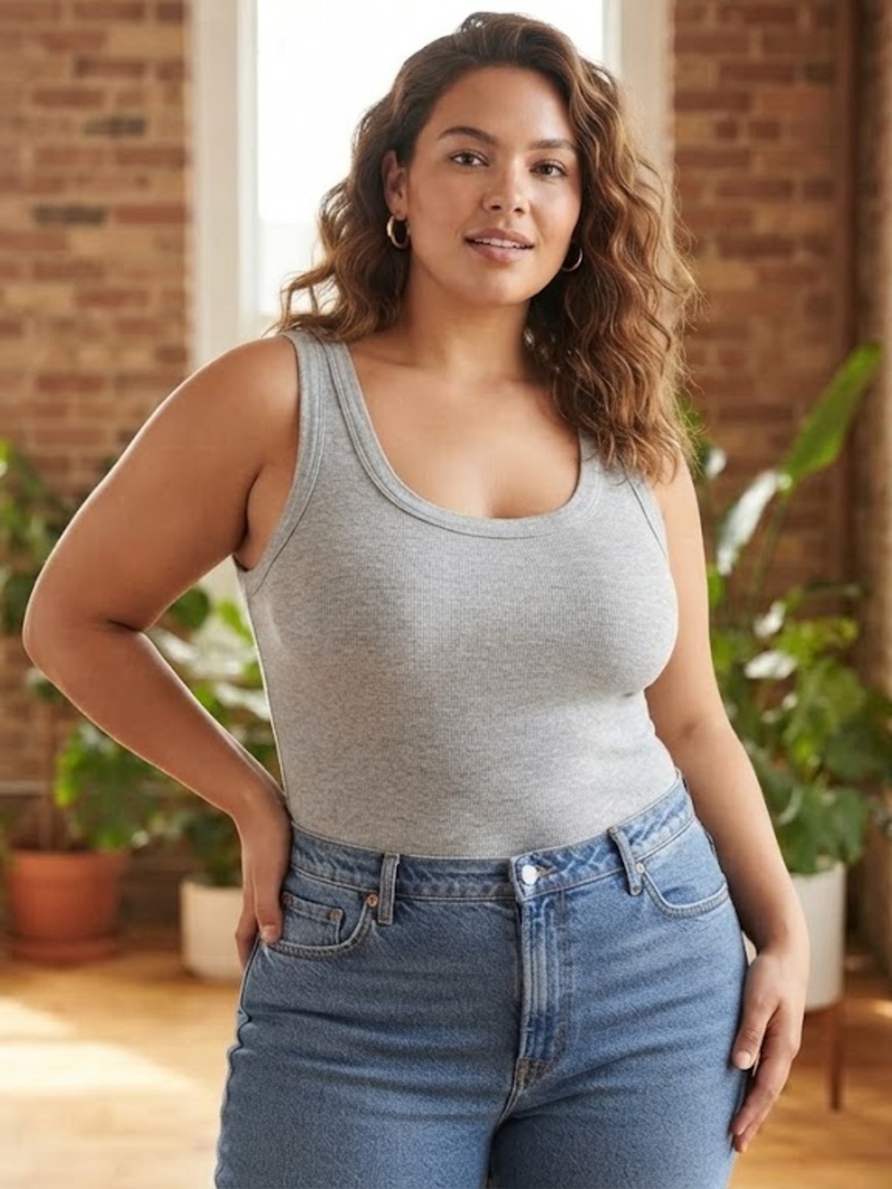 Mono B Scoop Neck Ribbed Tank in Light Gray